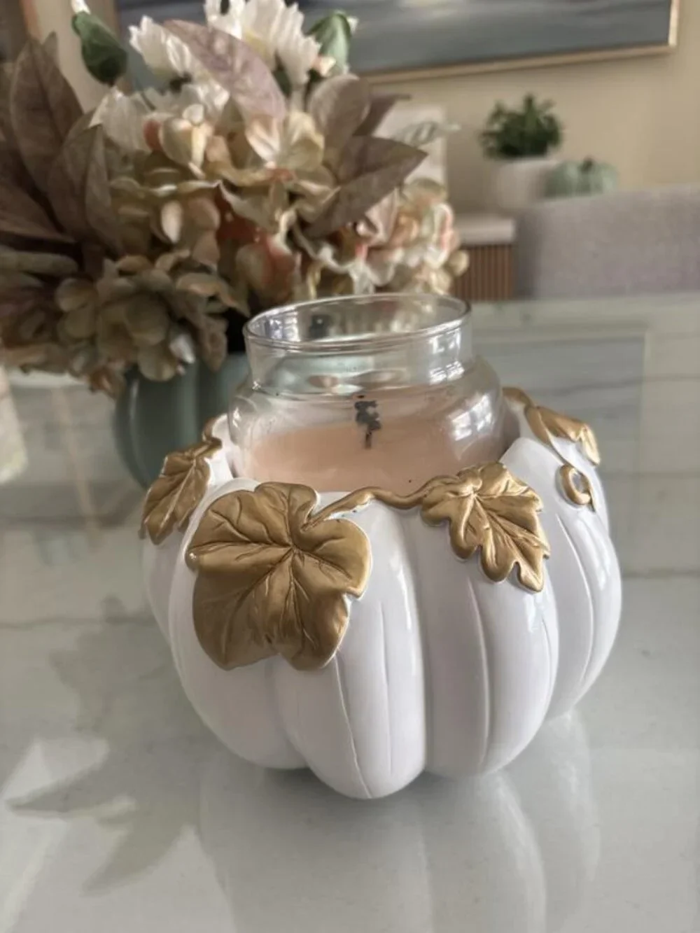 Yankee Candle White Pumpkin Resin Jar Candle Holder Centerpiece White & Gold New - Picture 2 of 9